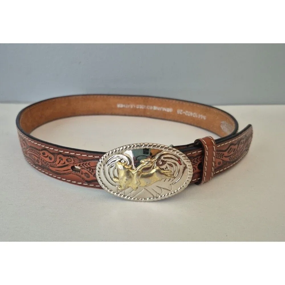 Nocona Brown Tooled Floral Genuine Bonded Leather Bull Rider Belt Boys 31 IN